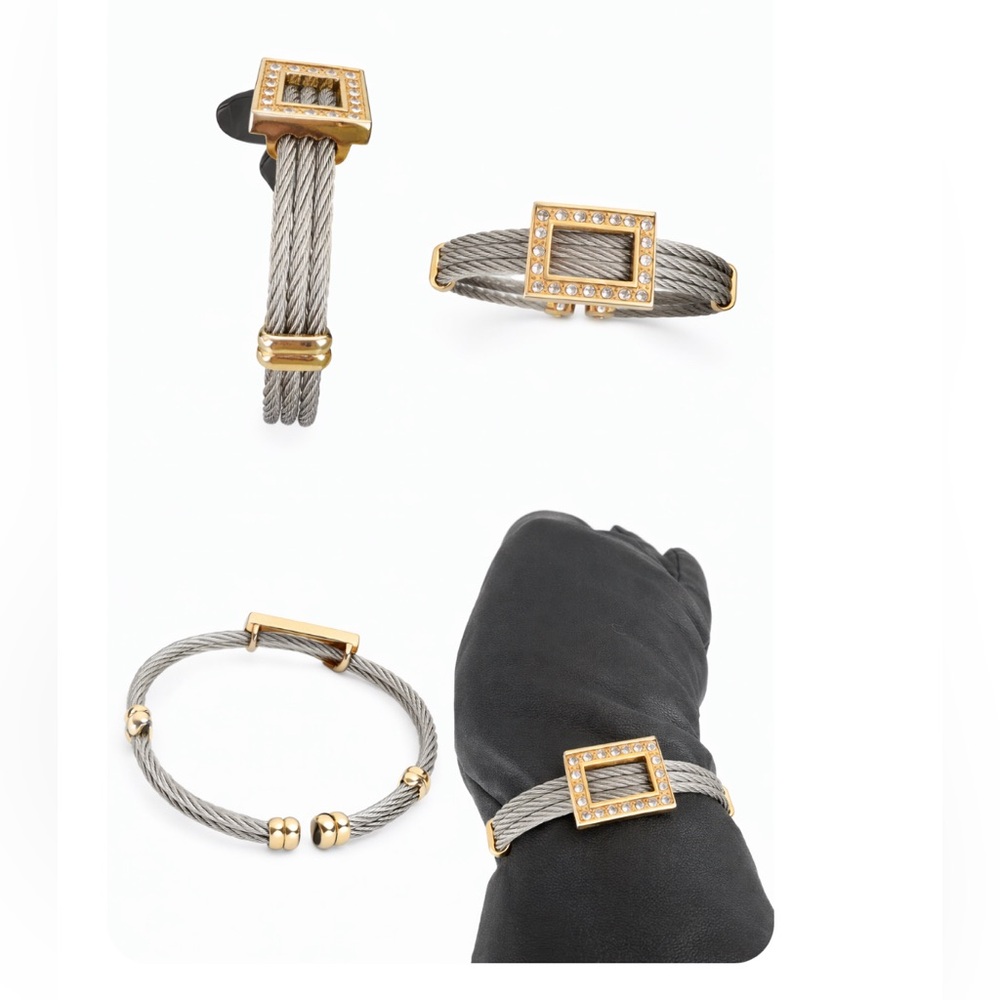Stainless Steel Luxury Cable Cuff Bracelet – Silver-Tone with Gold-Tone Accents